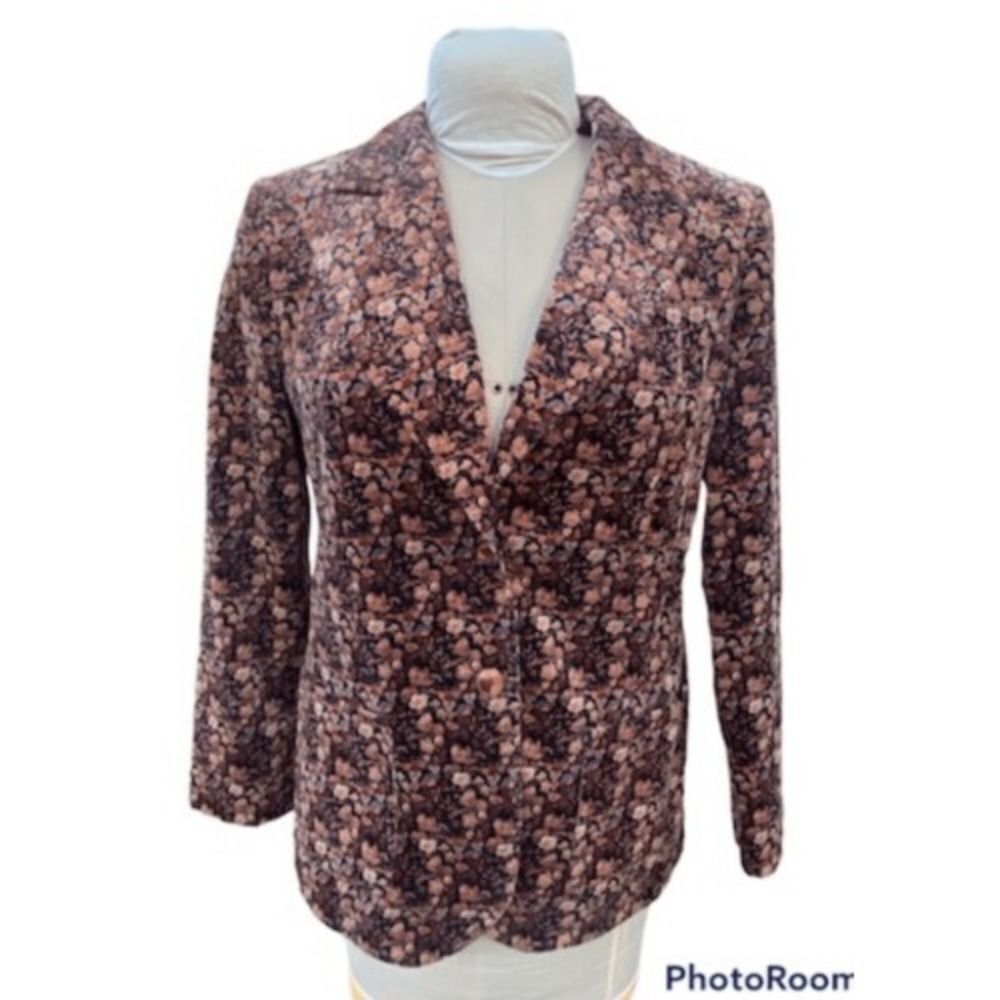 Campus Casuals Velvet Blazer Vintage 1970's Floral Print Lined Sz. 10